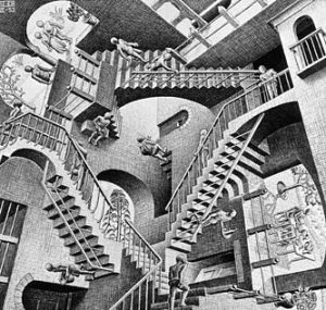"Escher's Relativity". Licensed under Fair use via Wikipedia - https://en.wikipedia.org/wiki/File:Escher%27s_Relativity.jpg#mediaviewer/File:Escher%27s_Relativity.jpg